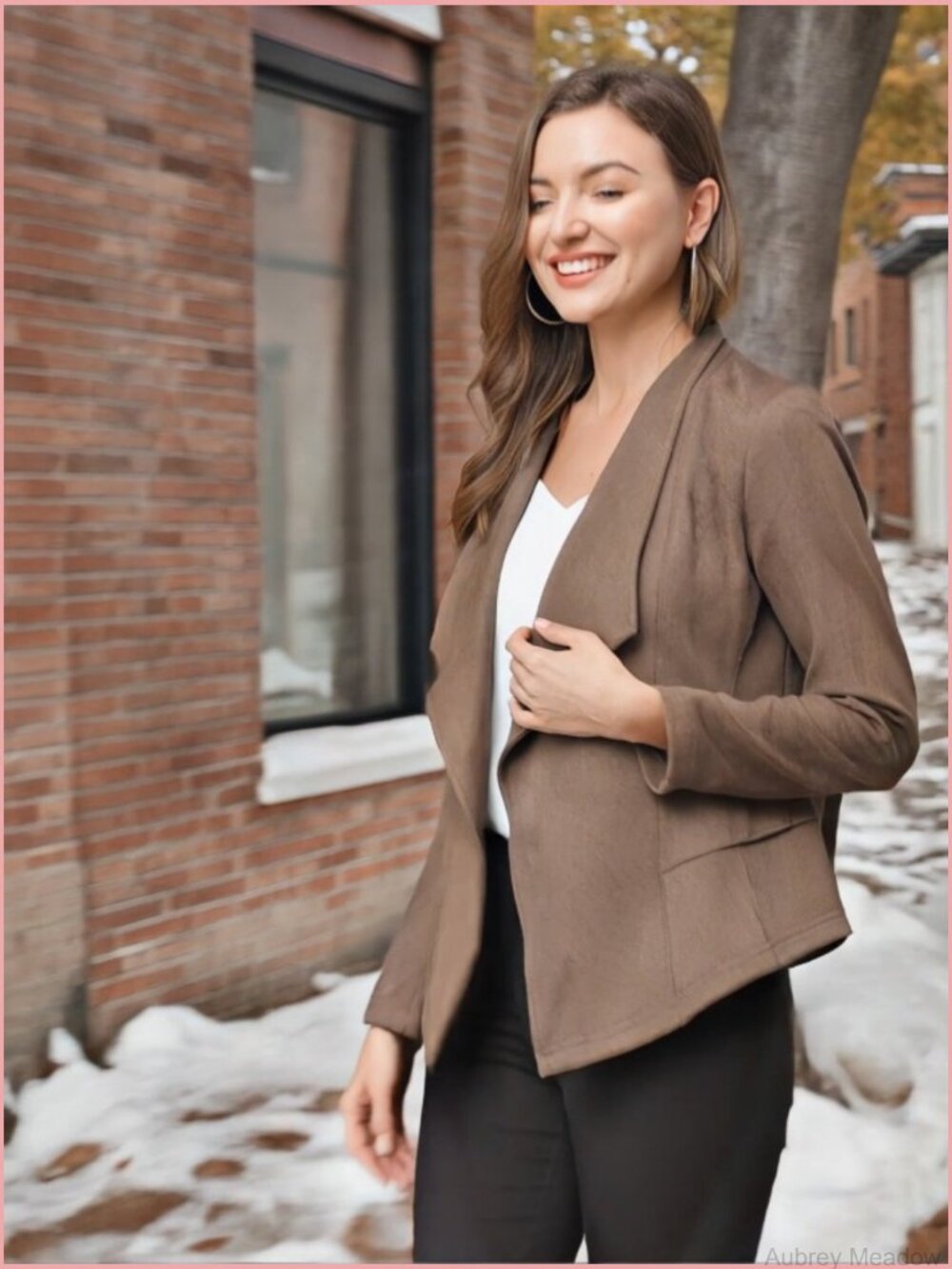 Faux Suede Open Front Cardigan Jacket with Drape Collar - Picture 7 of 7